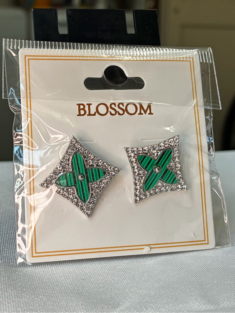 Blossom Green Malachite Style Clover Rhinestone Stud Earrings NIP